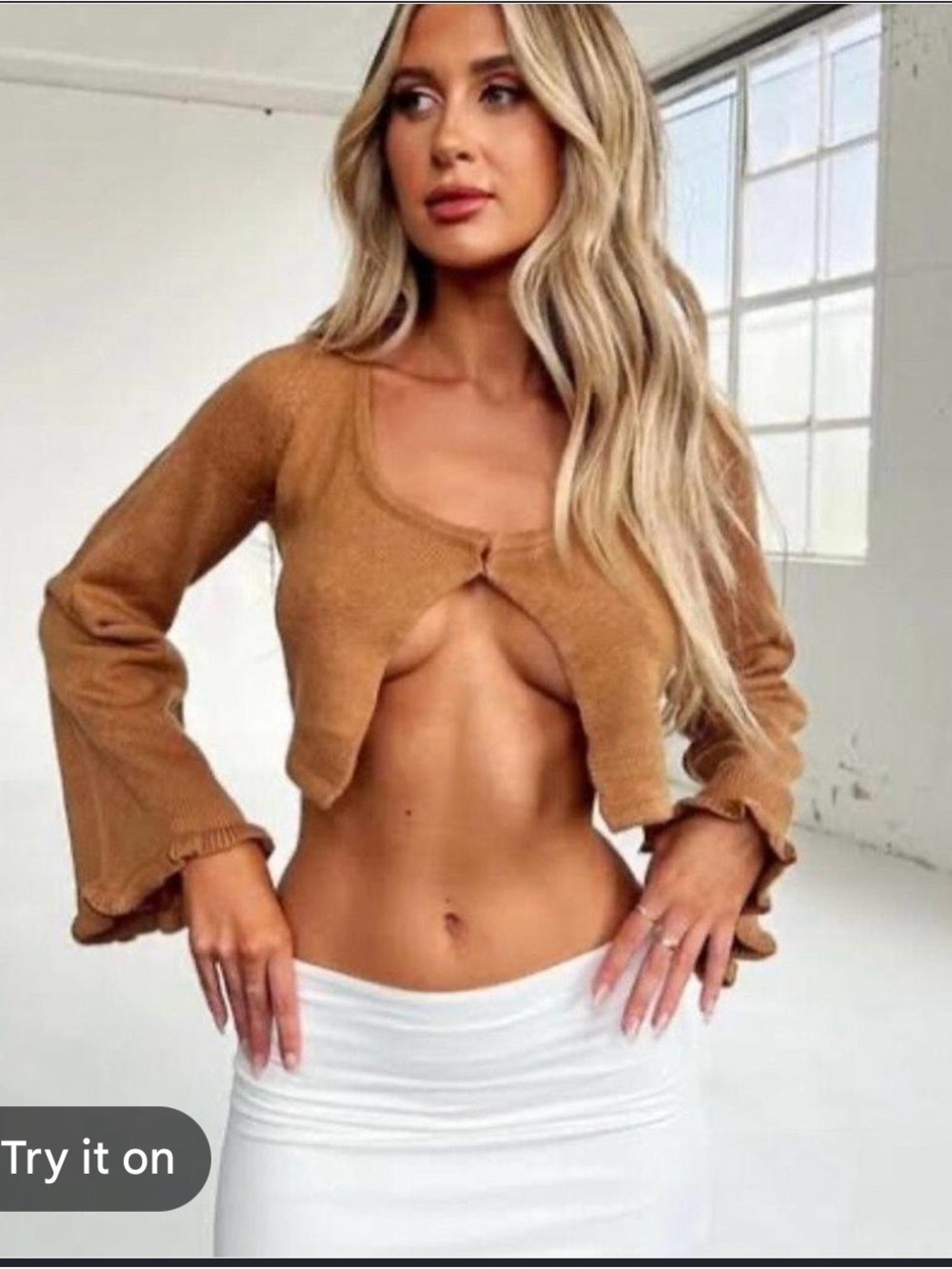 Tiger Mist Cropped Knit Button-Front Top in Camel